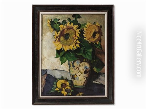 Sunflowers In Painted Vase Oil Painting by Heinrich Nauen