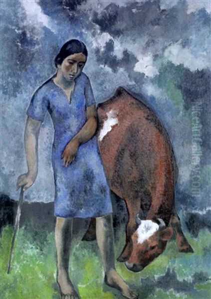 Madchen In Blauem Kleid Mit Kuh Oil Painting by Heinrich Nauen