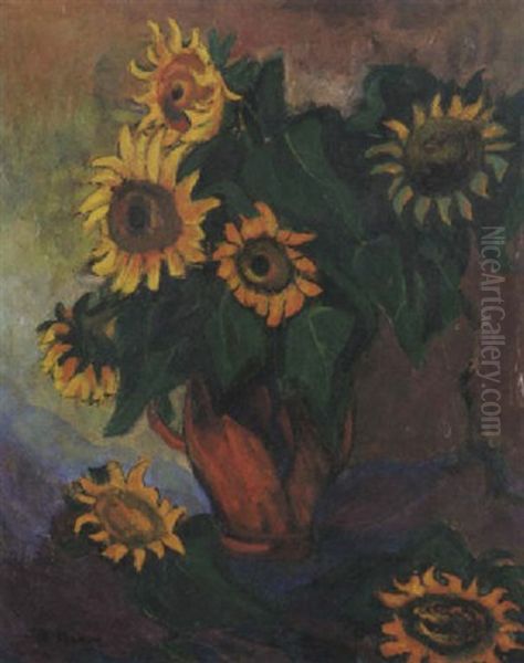 Sonnenblumen In Roter Vase Oil Painting by Heinrich Nauen