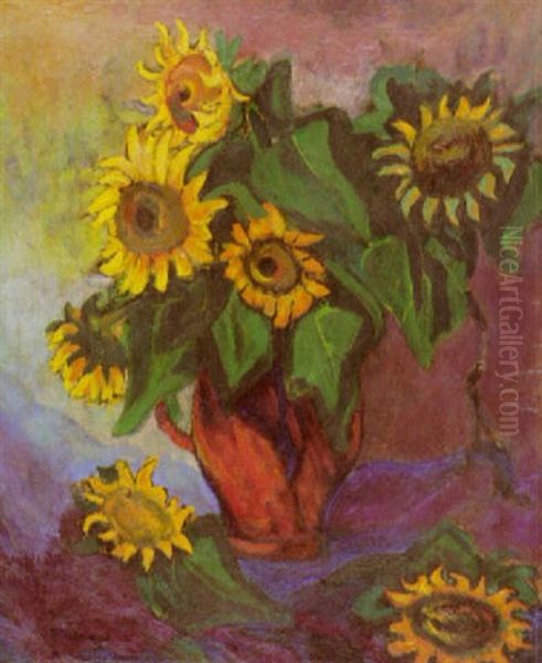 Sonnenblumen In Roter Vase Oil Painting by Heinrich Nauen