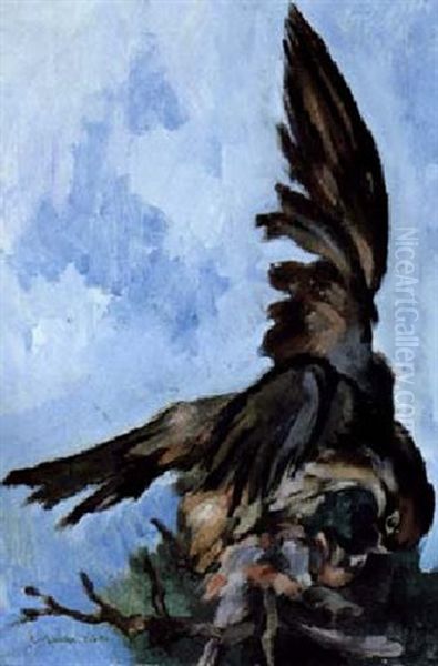 Baumfalke Schlagt Dompfaff Oil Painting by Heinrich Nauen