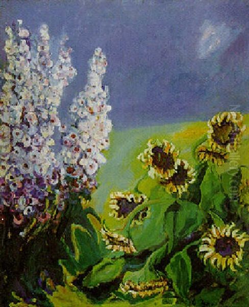 Levkojen Und Sonnenblumen Oil Painting by Heinrich Nauen