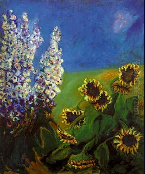 Rittersporn Und Sonnenblumen Oil Painting by Heinrich Nauen