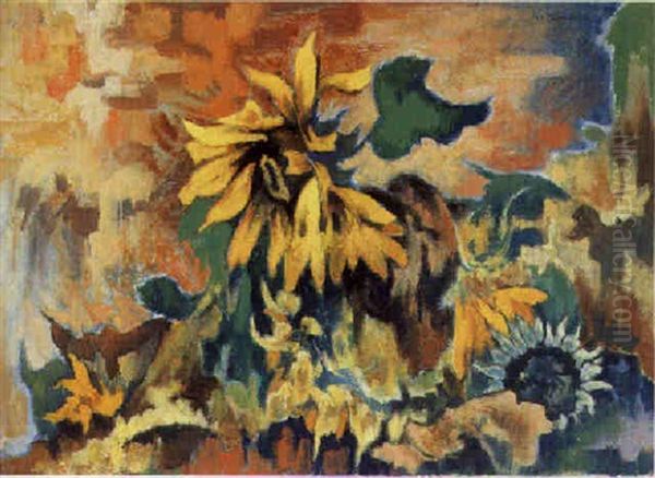 Bluhende Und Verwelkende Sonnenblumen Oil Painting by Heinrich Nauen