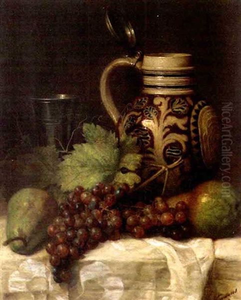 Cruche, Raisins Et Poires Sur Une Table Oil Painting by Joseph Nauwens