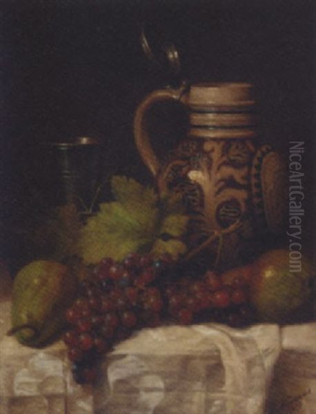 Grapes, Pears, A Tankard And A Pitcher On A Draped Table Oil Painting by Joseph Nauwens