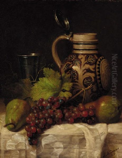 Grapes, Pears, A Tankard And A Pitcher On A Draped Table Oil Painting by Joseph Nauwens