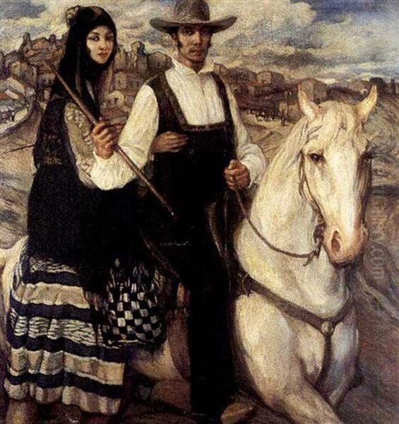 A Couple Riding On Horseback Oil Painting by Hector Nava