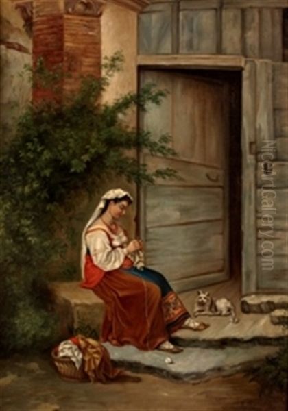 Mujer Cosiendo Oil Painting by Ricardo Maria Navarrete y Fos