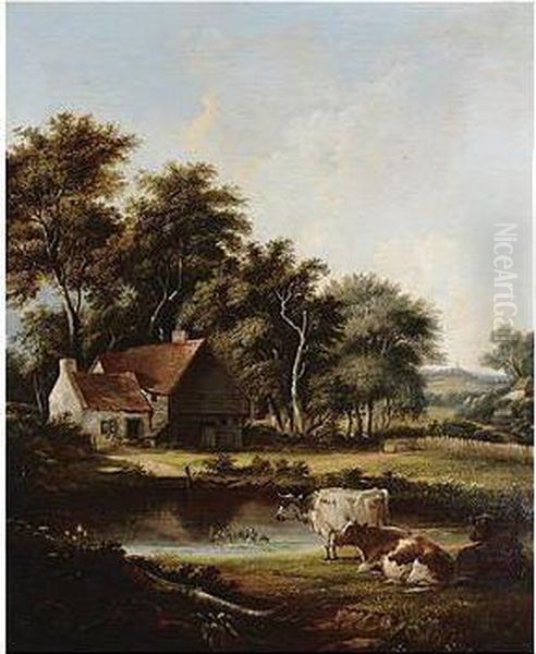 Wooded Landscape With Cattle, Signed And Dated 46, Oil On Canvas, 76 X 62.5 Cm.; 30 X 24 3/4 In Oil Painting by John Birch