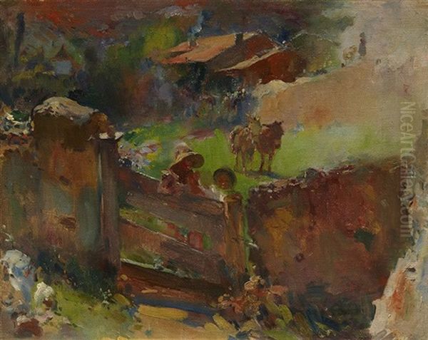 Ninos Con Burros En El Campo Oil Painting by Jose Navarro Llorens