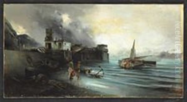 View From A Spanish Seaport Oil Painting by Jose Navarro Llorens