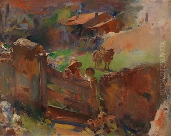 Ninos Con Burros En El Campo Oil Painting by Jose Navarro Llorens