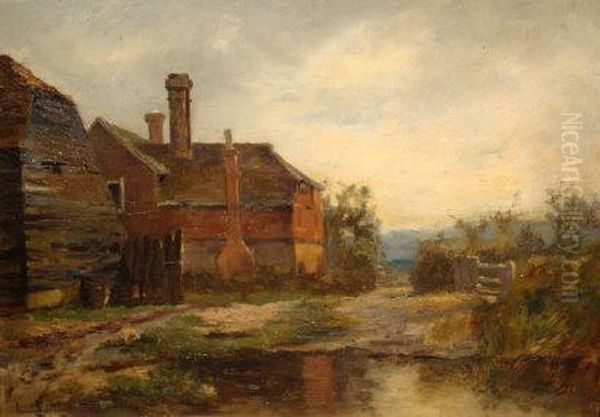 A Farmhouse And Barn Beside A Duck Pond Oil Painting by Lionel Birch