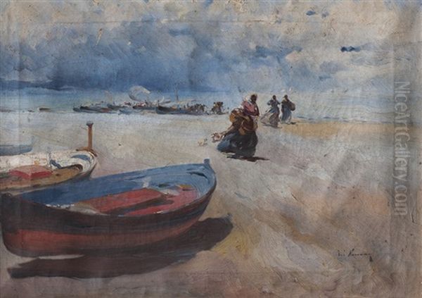 Escena De Pescadores En La Playa Oil Painting by Jose Navarro Llorens