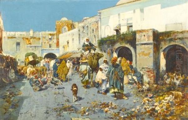 A Bustling Street Oil Painting by Jose Navarro Llorens