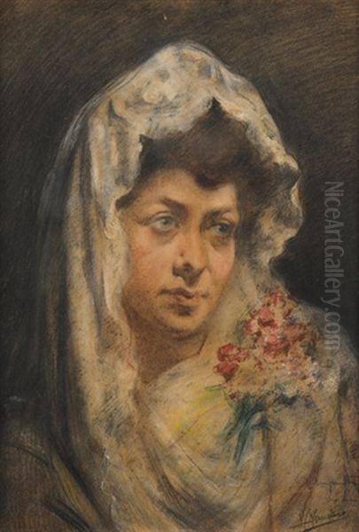 Mujer Con Mantilla (retrato De Amparo Tamarit) Oil Painting by Jose Navarro Llorens