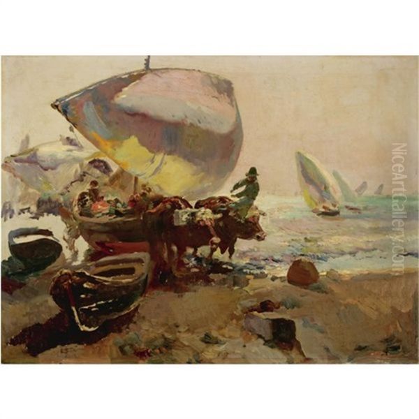 Bueyes Y Barcas En La Playa (oxen And Boats On A Beach) Oil Painting by Jose Navarro Llorens