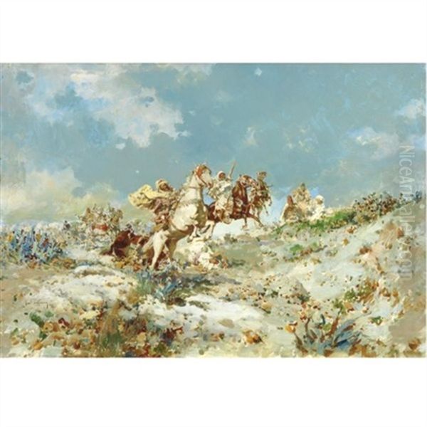 Arabs On Horseback Oil Painting by Jose Navarro Llorens