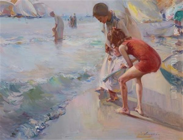 Ninos En La Playa - Children On The Beach Oil Painting by Jose Navarro Llorens