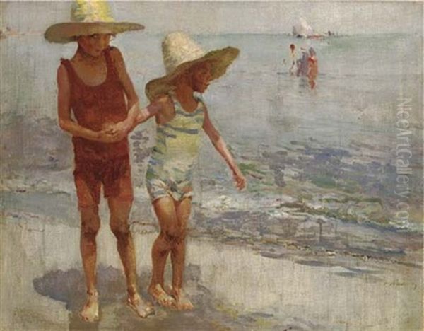 Young Playmates On The Beach Oil Painting by Jose Navarro Llorens