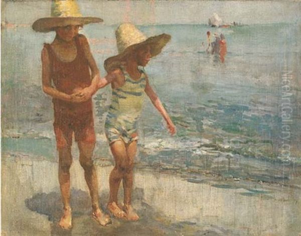 Young Playmates On The Beach Oil Painting by Jose Navarro Llorens