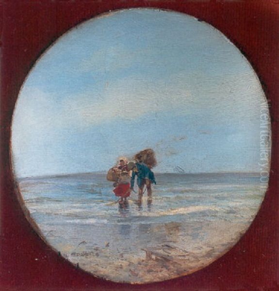 Pescadores En La Playa Oil Painting by Jose Navarro Llorens