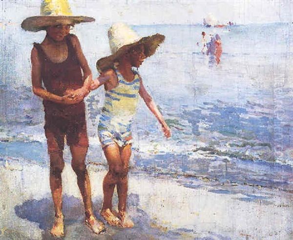 Ninos En La Playa Oil Painting by Jose Navarro Llorens