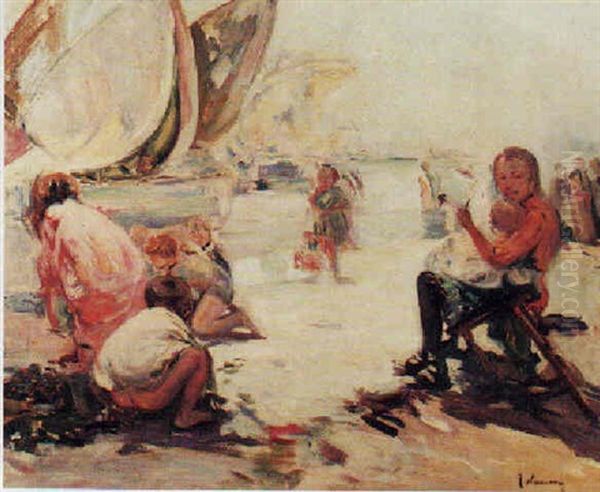 Ninos Jugando En La Playa Oil Painting by Jose Navarro Llorens