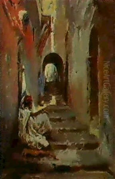 An Oriental Figure In A Shady Street Oil Painting by Jose Navarro Llorens