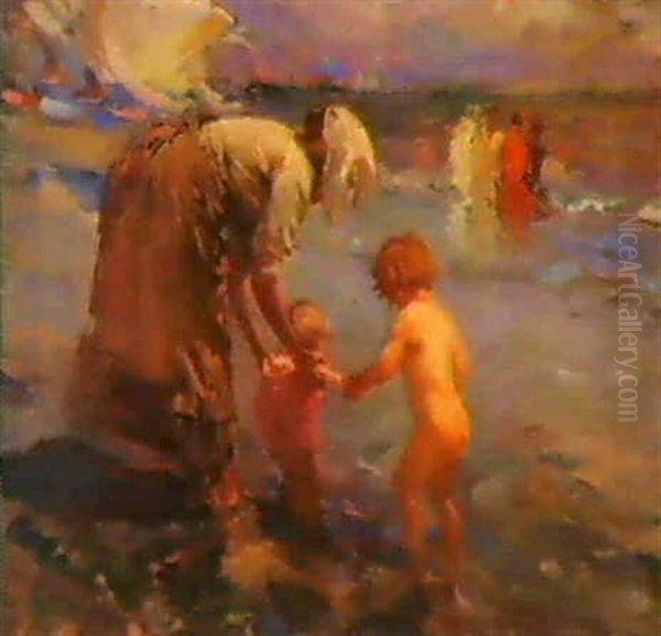 A Family On A Beach Oil Painting by Jose Navarro Llorens