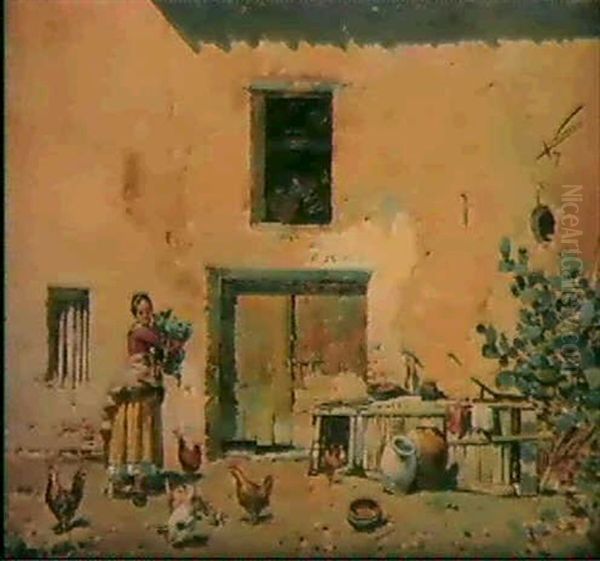 Dando De Comer A Las Gallinas Frente A La Casa En Que El    Pintor Tuvo Su Ultimo Estudio Oil Painting by Jose Navarro Llorens