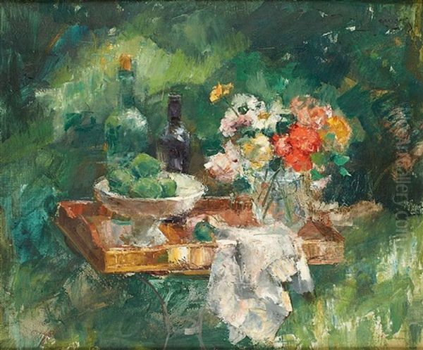 Gueridon Fleuri En Exterieur Oil Painting by Arthur Navez