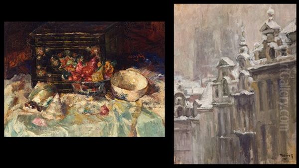 Nature Morte (+ Bruxelles Et Sainte-gudule Sous La Neige, Painting On Panel, Smllr; 2 Works) Oil Painting by Arthur Navez