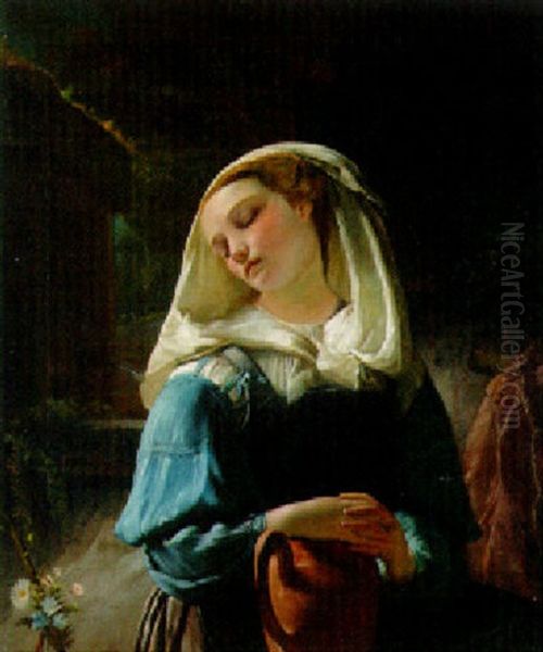 Le Signal D'amour, Jeune Fille A La Fontaine Oil Painting by Francois Joseph Navez