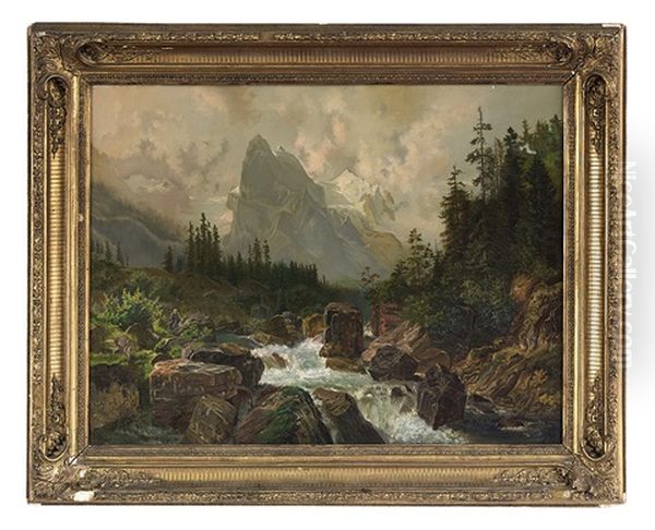 Mountainscape With Rapids And Figure Oil Painting by Josef Navratil