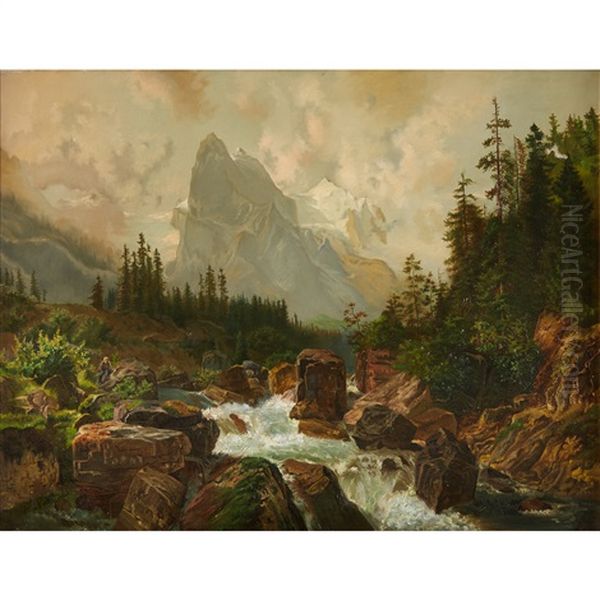 Mountain Landscape With Figure On Rock By Rushing River Oil Painting by Josef Navratil