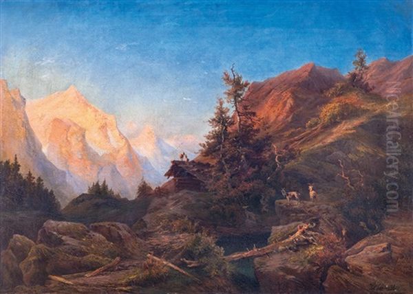 Romanticka Krajina (motiv Z Alp) Oil Painting by Josef Navratil