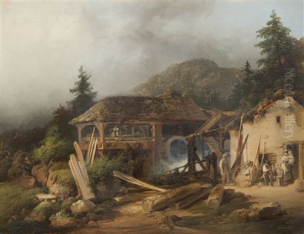 Countryside With Mountain's Saw Mill Oil Painting by Josef Navratil