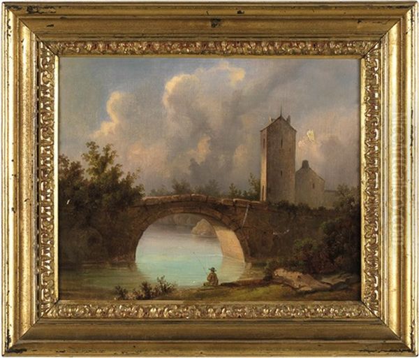 Landschaft Mit Steinbogenbrucke Und Turm Oil Painting by Josef Navratil