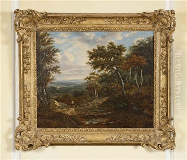 Extensive Landscape With Figures And Dog On A Path At The Edge Of A Wood Oil Painting by Patrick Naysmith