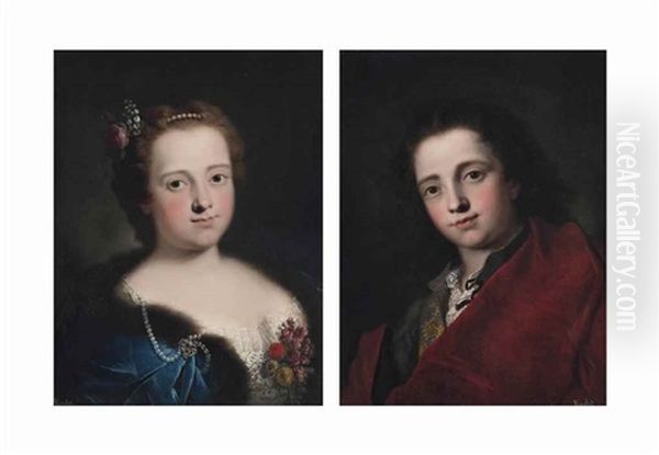 Portrait Of A Lady, Bust-length, In A White Embroidered Dress And Blue, Fur-lined Cape; And Portrait Of A Gentleman, Bust-length, In A Grey Doublet And Red Cloak Oil Painting by Bartolomeo Nazari