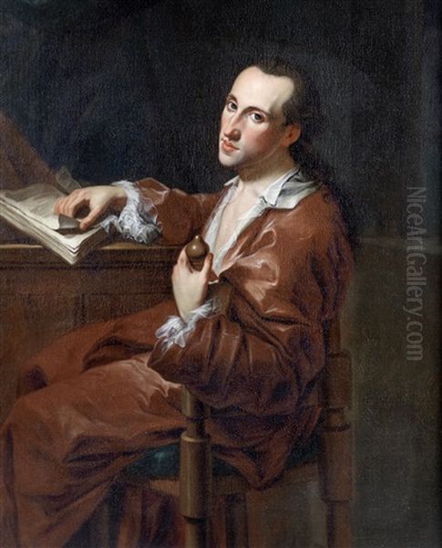 Portrait Of A Gentleman, Three-quarter-length, In A Brown Coat, Reading Oil Painting by Bartolomeo Nazari