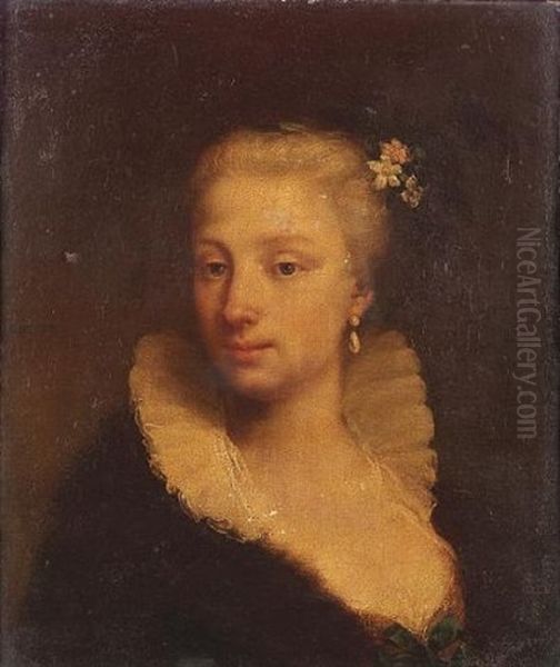 Portrait Of A Lady, Bust-length, In Black Costume, With A White Collar And Flowers In Her Hair Oil Painting by Bartolomeo Nazari