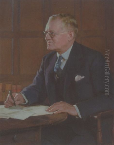 Portrait Of Sir Francis Goodenough, Seated, In A Black Suit, Signing Letters In A Panelled Room Oil Painting by George Hall Neale