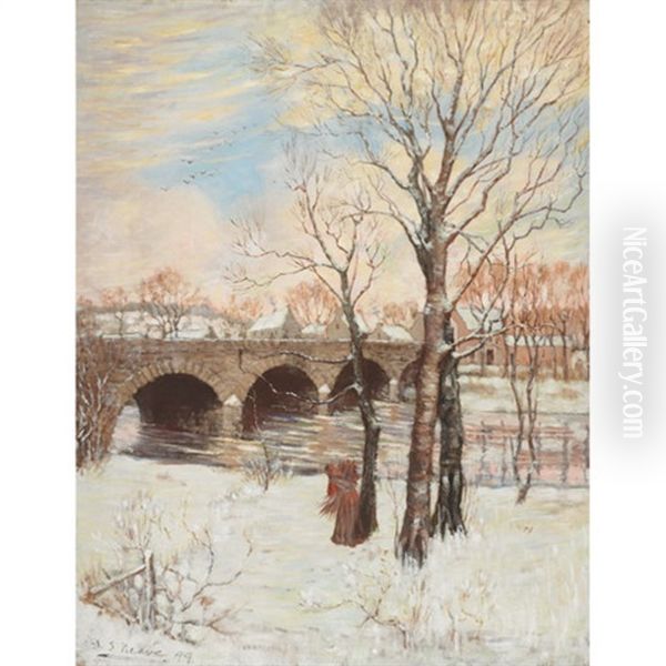 Carrying Kindling Along A Frozen Village Canal Oil Painting by David S. Neave