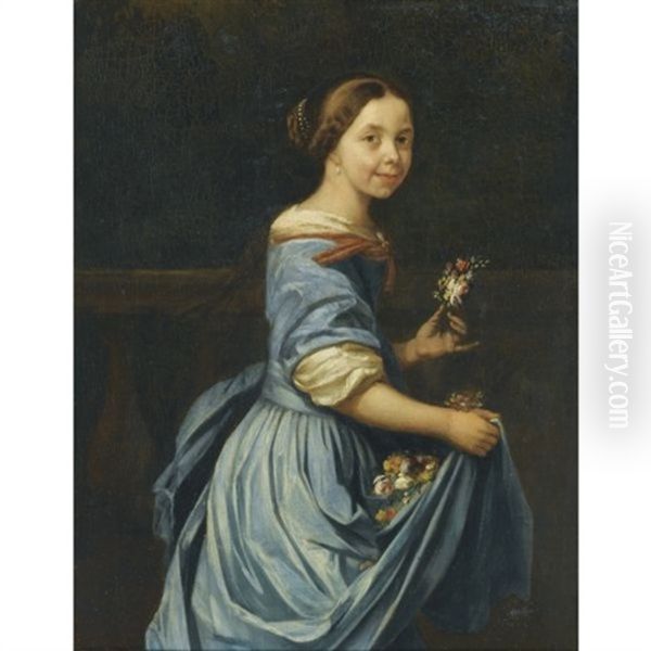 Portrait Of A Lady, Three Quarter Length, In A Blue Dress With An Armful Of Flowers Oil Painting by Jan van Neck