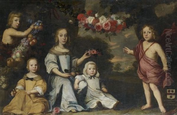 Portrait D'enfants Encadres De Guirlandes De Fleurs Et De Fruits Dans Un Paysage Oil Painting by Jan van Neck