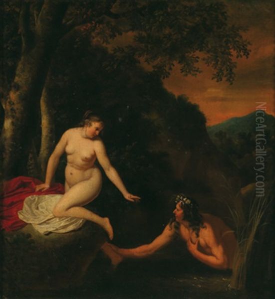 Mythologische Szene, Eine Badende Nymphe Am Ufer Eines Flusses Und Ein Flusgott Oil Painting by Jan van Neck