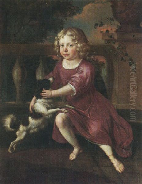 Portrait Of A Young Boy Wearing A Crimson Tunic, Playing With A Spaniel On A Classical Terrace Oil Painting by Jan van Neck